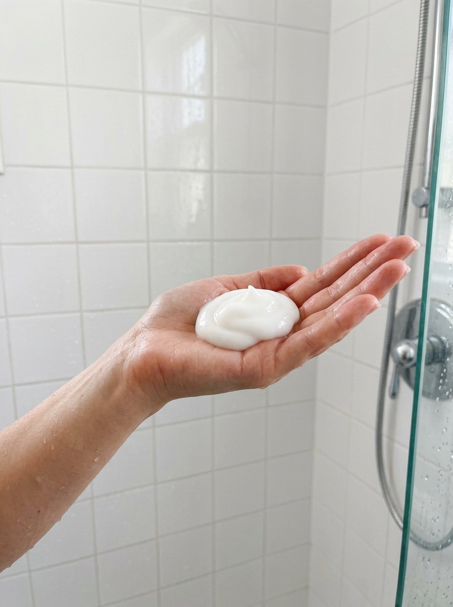 Close-up view of a hand holding a swirl of white moisturizing lotion inside a tiled shower stall.
