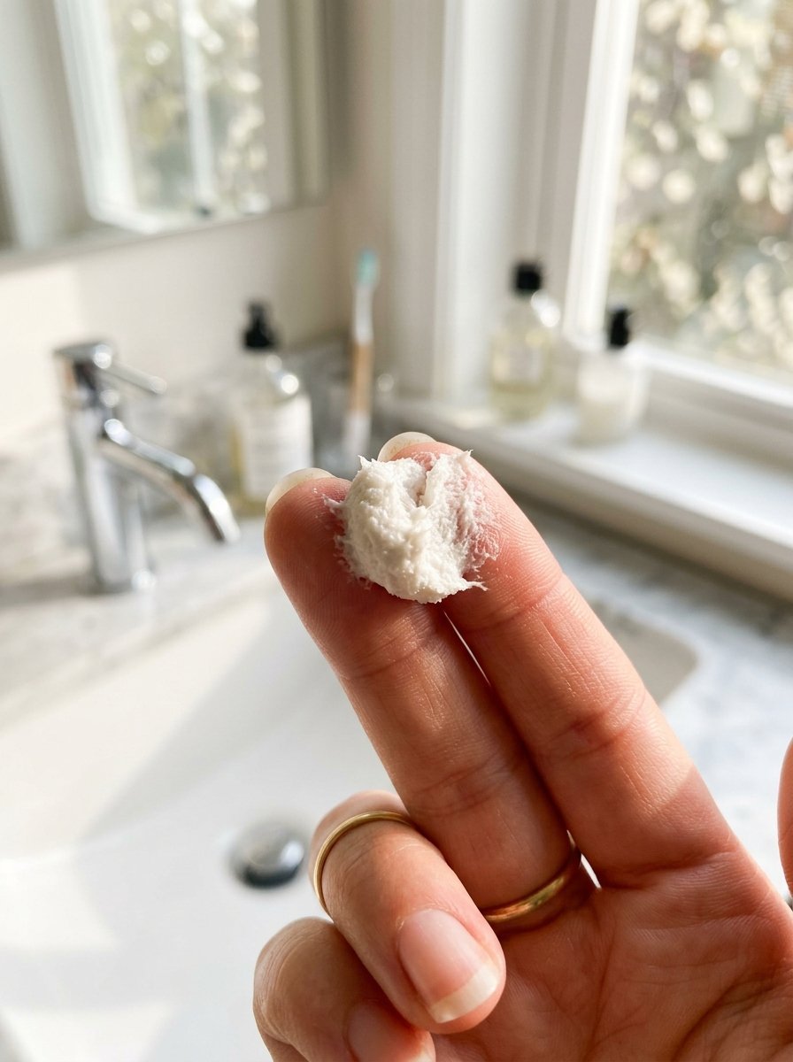 Close-up of a person holding a dab of white facial scrub on their fingertip in a bright bathroom.