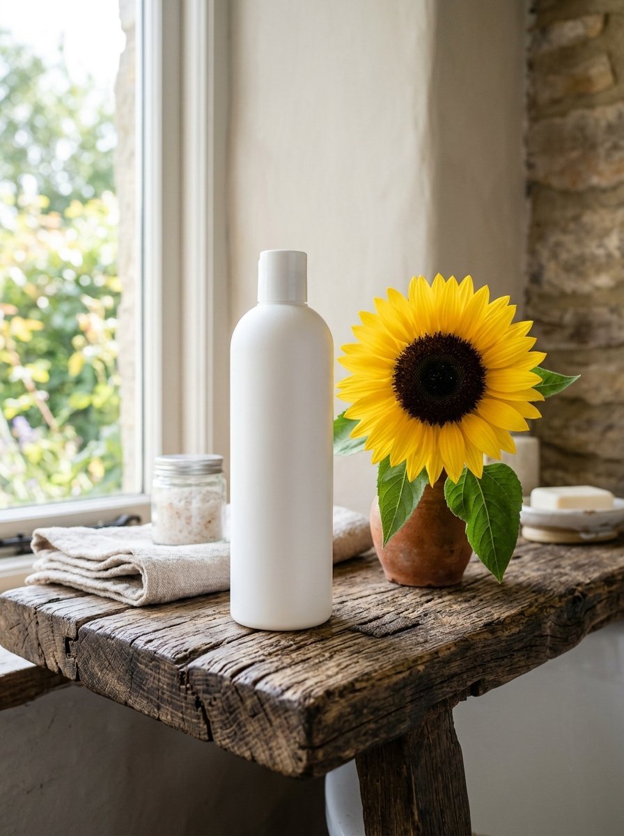 White skincare bottle on a wooden shelf with a sunflower in a small clay vase.
