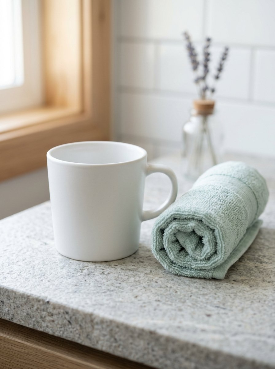 Plain white coffee mug next to a rolled light green washcloth on a textured granite surface.