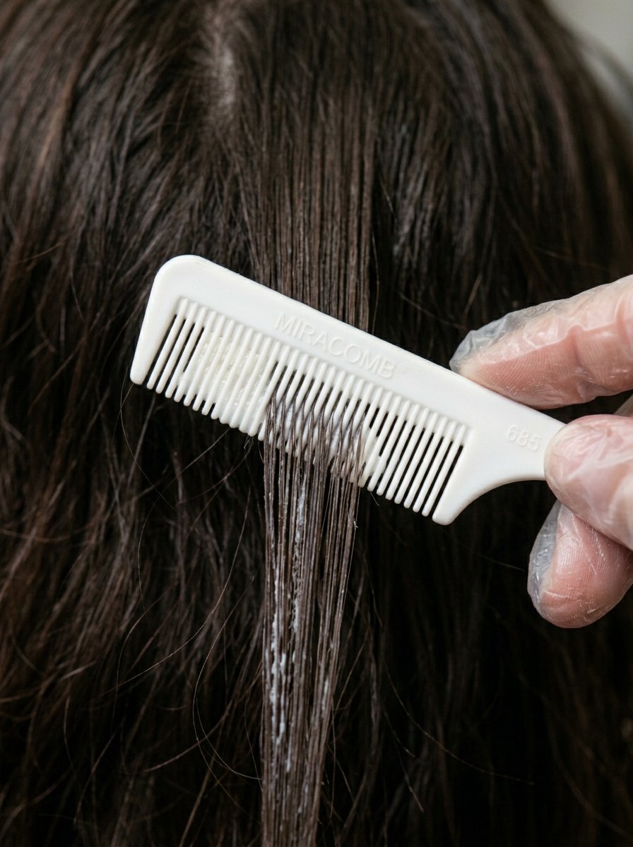 Close up of a gloved hand combing dark hair coated in white product with a white plastic hair comb.