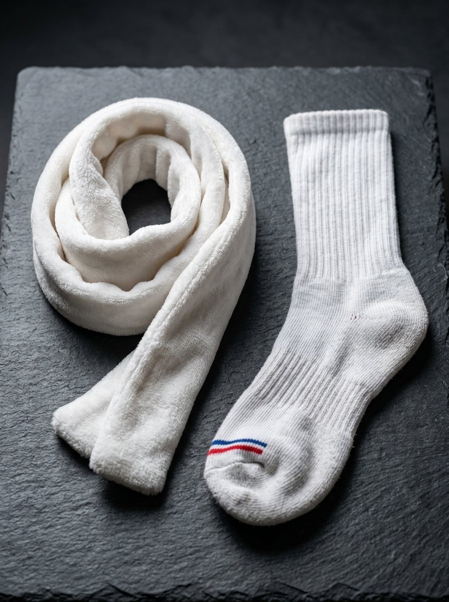 Close-up of a soft fleece neck wrap and one white cotton crew sock with a red and blue stripe on a black slate background.