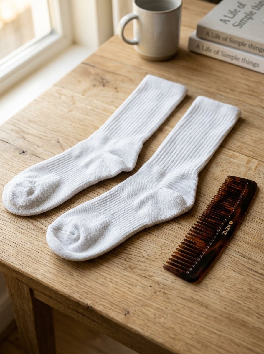 Close-up of two white crew socks and a brown Kent brand comb resting on a light oak wooden table.