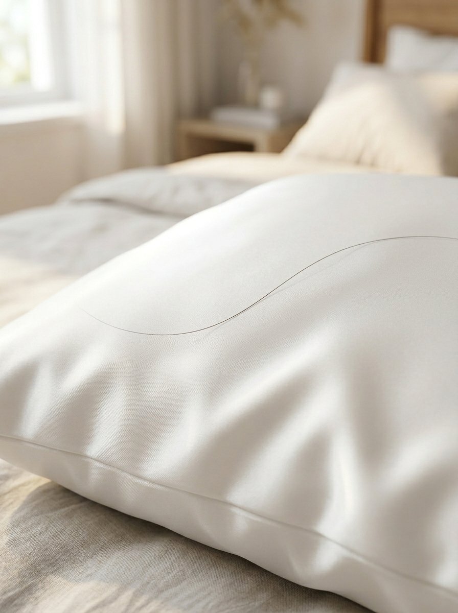 Close up of a silky white bed pillow featuring a single thin dark hair on the fabric surface.