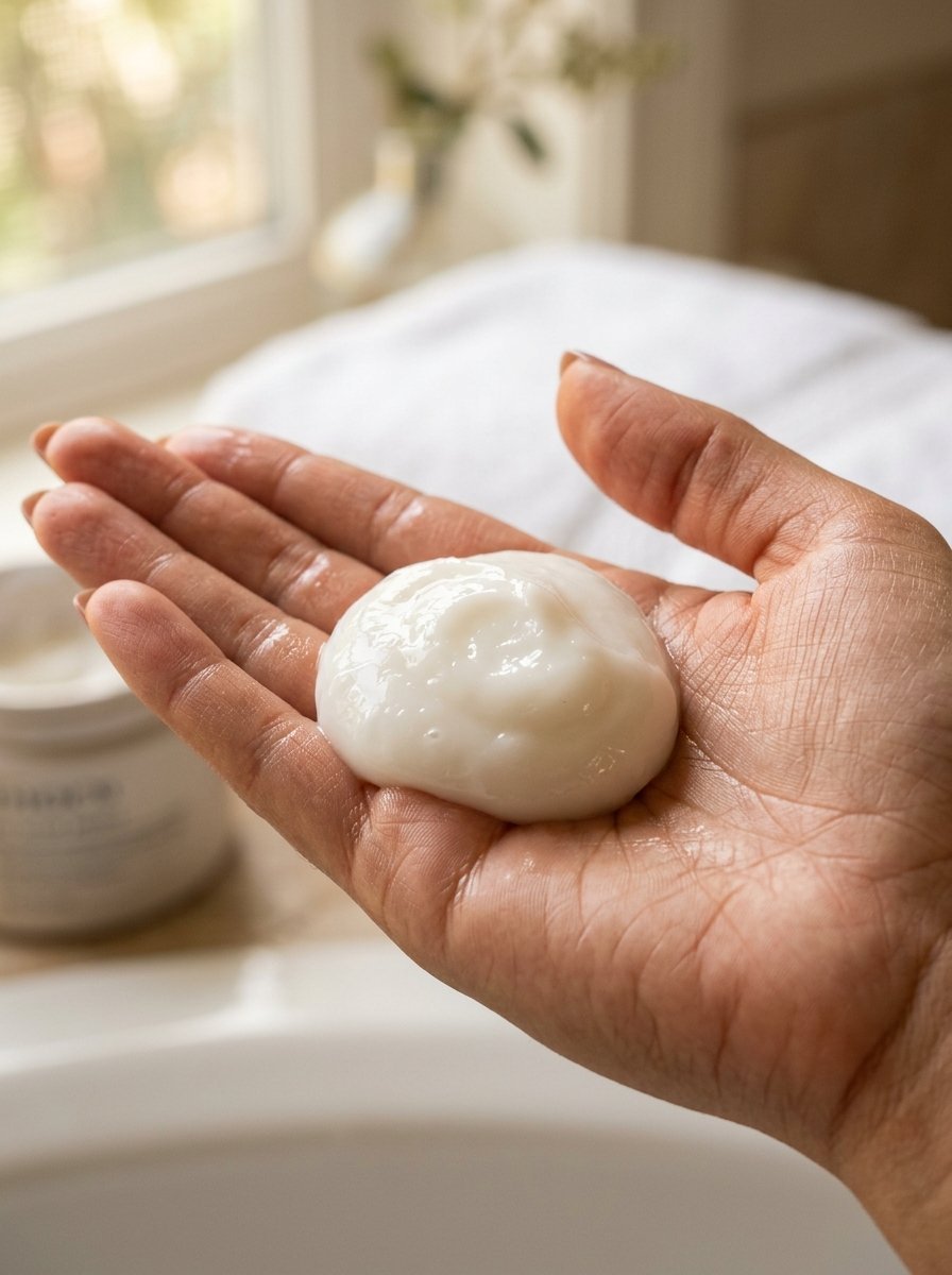 Close-up of a person holding a dab of rich white facial lotion in their open hand.