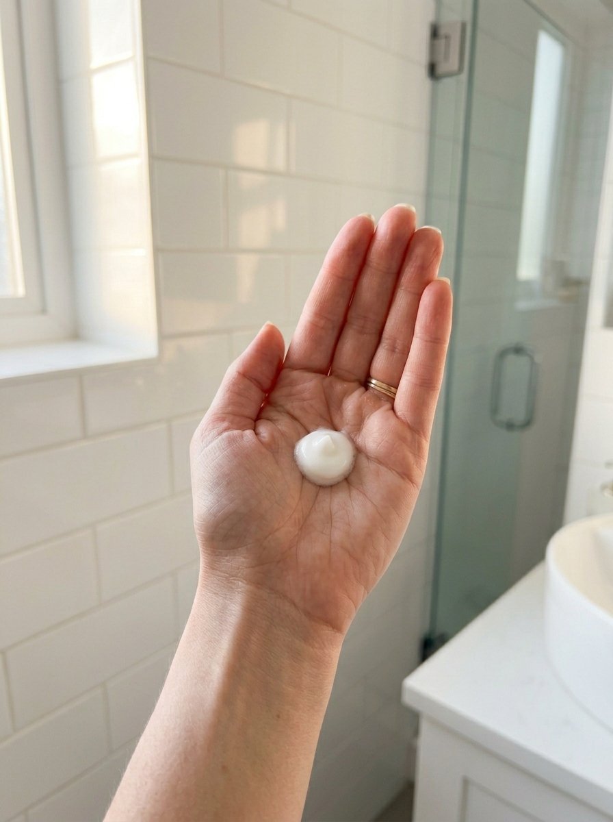 Close-up of a person holding a small amount of white cosmetic cream in the center of their open hand.