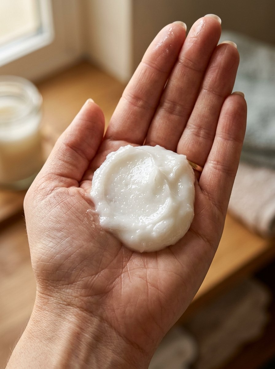 Close up of a thick, white moisturizing cream sitting in the center of a person's palm.