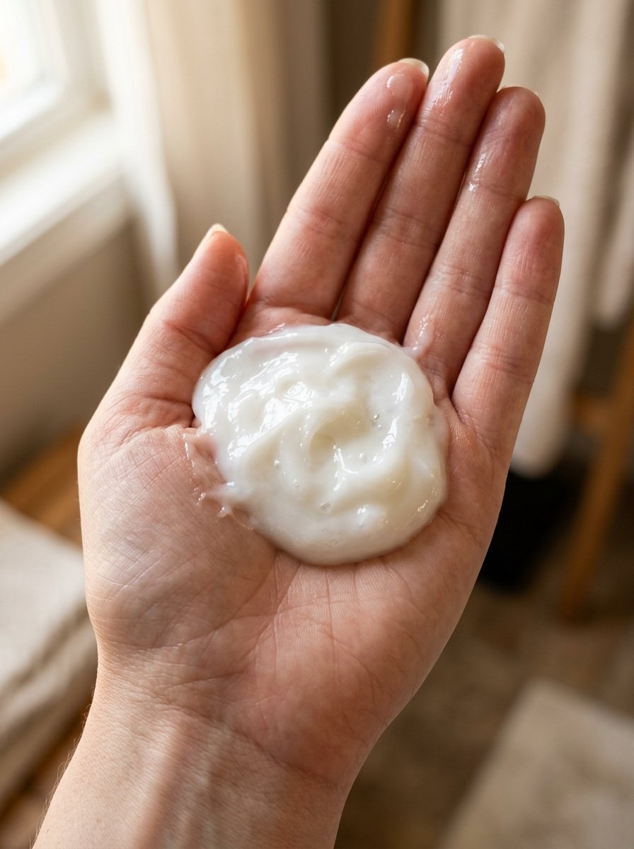 Close-up of a hand holding a thick, smooth application of skincare product.