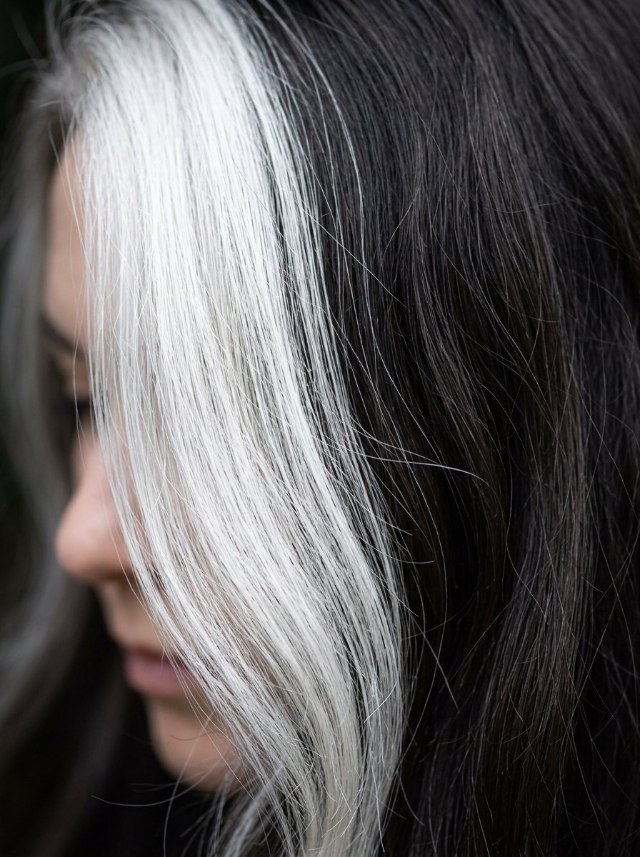 Close-up of a person with dark hair featuring a prominent white streak framing their face.