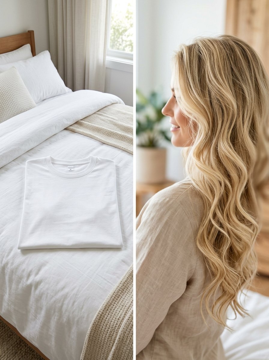 Folded white cotton t-shirt on a made bed with a blonde woman in profile nearby.