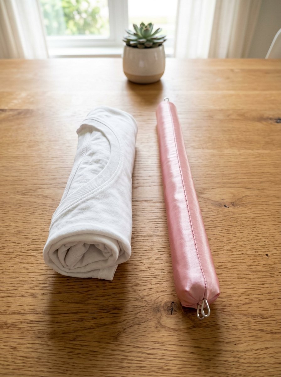 Folded white cotton shirt placed on a wooden table next to a long cylindrical pink satin hair curler.