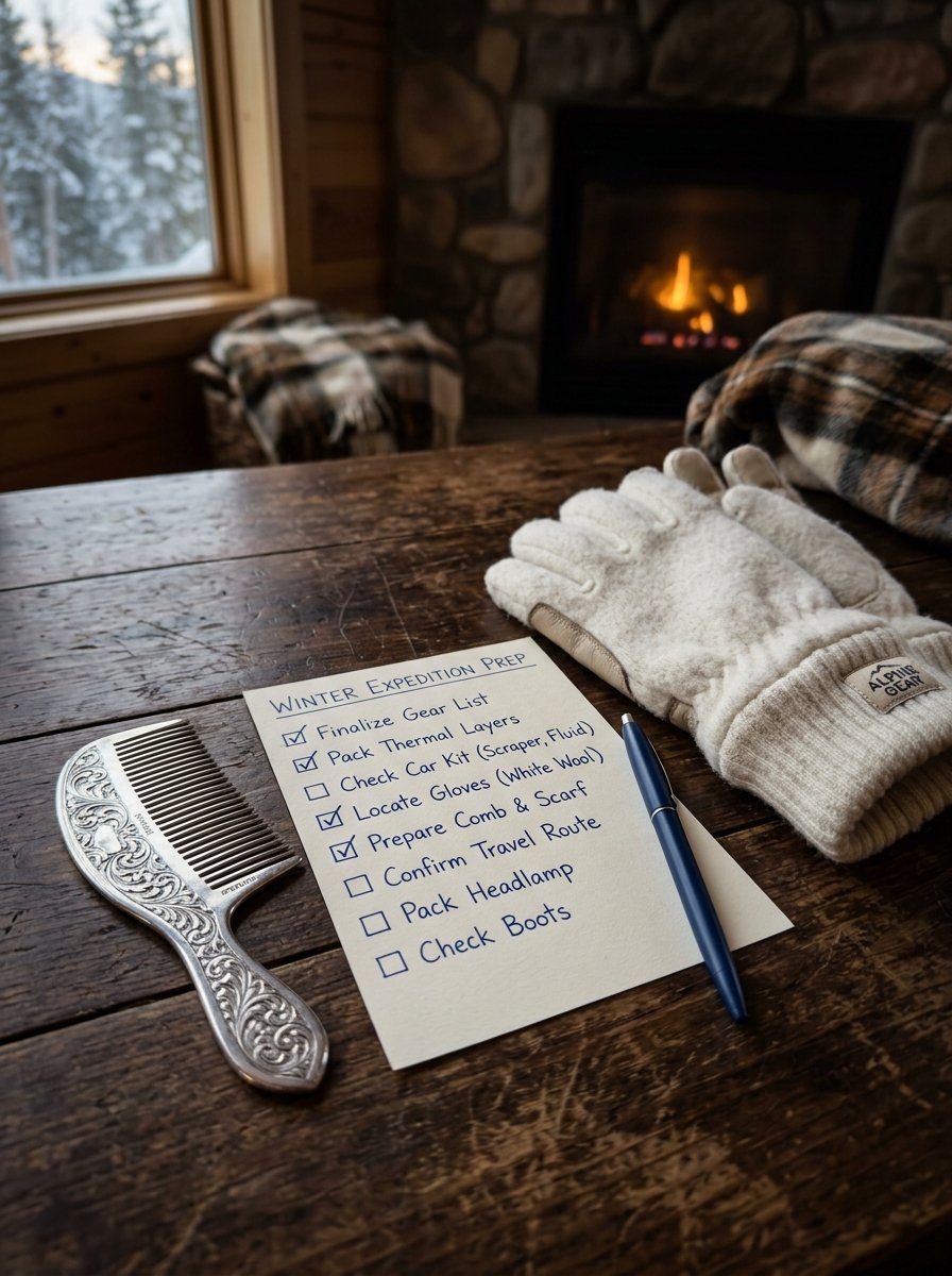 A handwritten checklist with checked boxes next to a silver comb, blue pen, and white wool gloves by a fireplace.