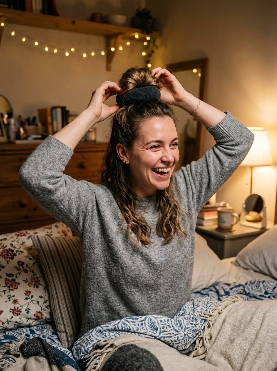 A smiling woman sitting on her bed while adjusting a dark hair scrunchie into a messy top knot bun.