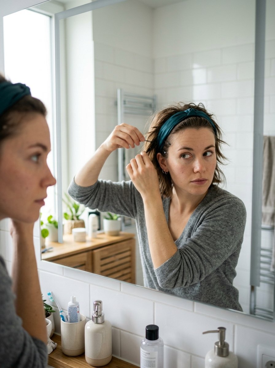 A woman in a grey sweater using a pin to secure her hair while wearing a teal knotted headband.