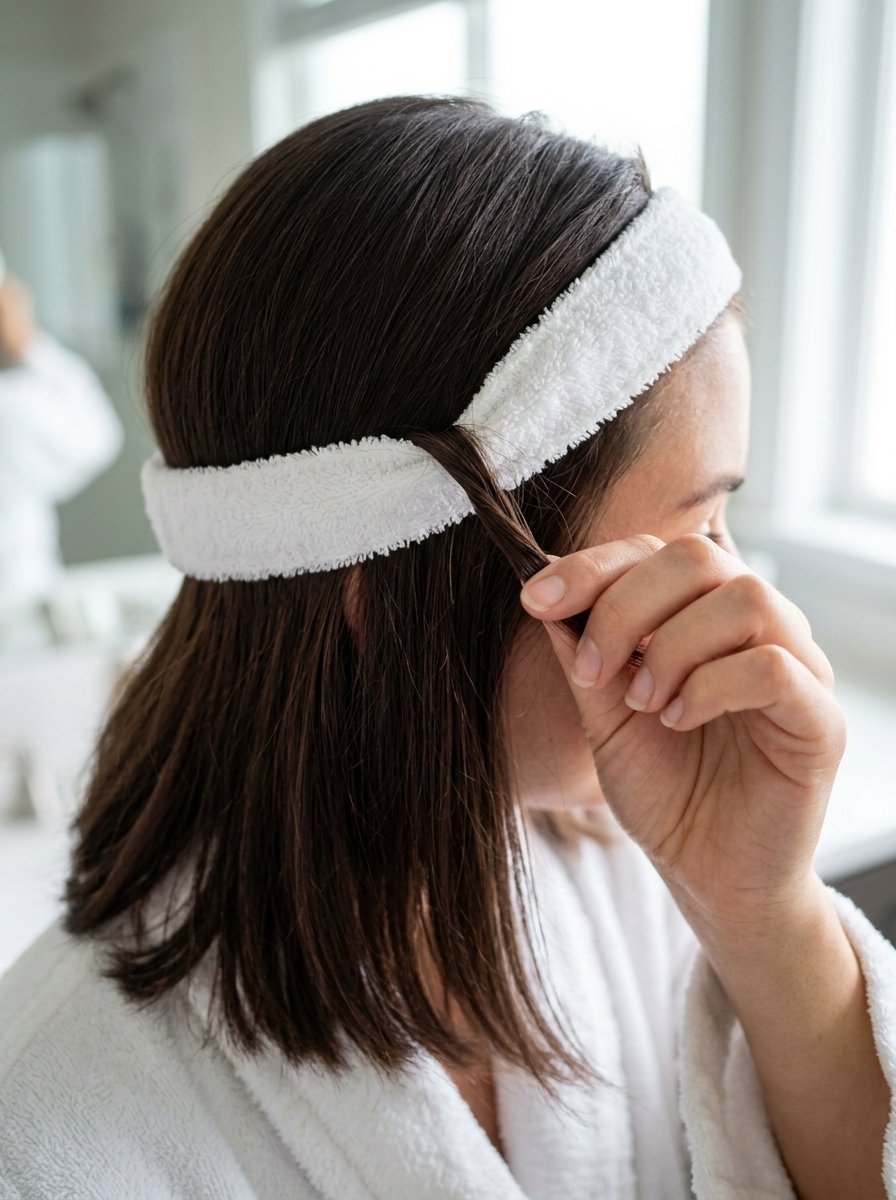 Close-up profile of a person in a white bathrobe pulling hair away from their face while wearing a terry cloth band.