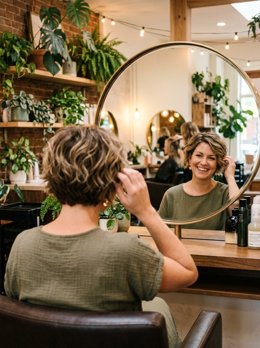 Client with a stylish bob smiling at her reflection in a circular salon mirror surrounded by lush indoor plants.