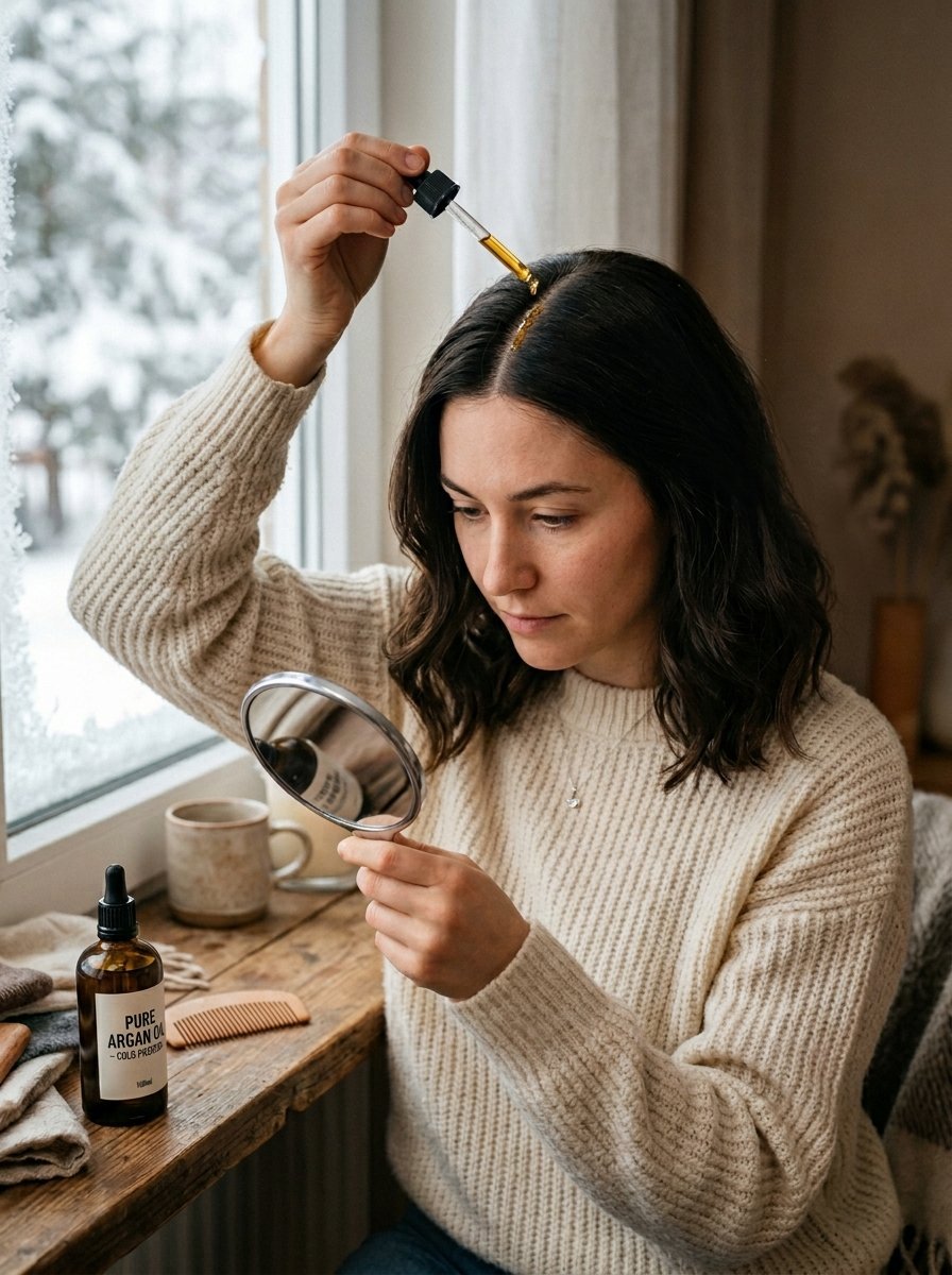 Brunette woman holding a hand mirror and applying golden serum to her scalp with a glass dropper.