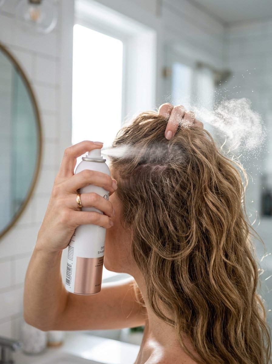 Close up of a hand holding a white spray bottle and misting dry shampoo onto blonde wavy hair roots.