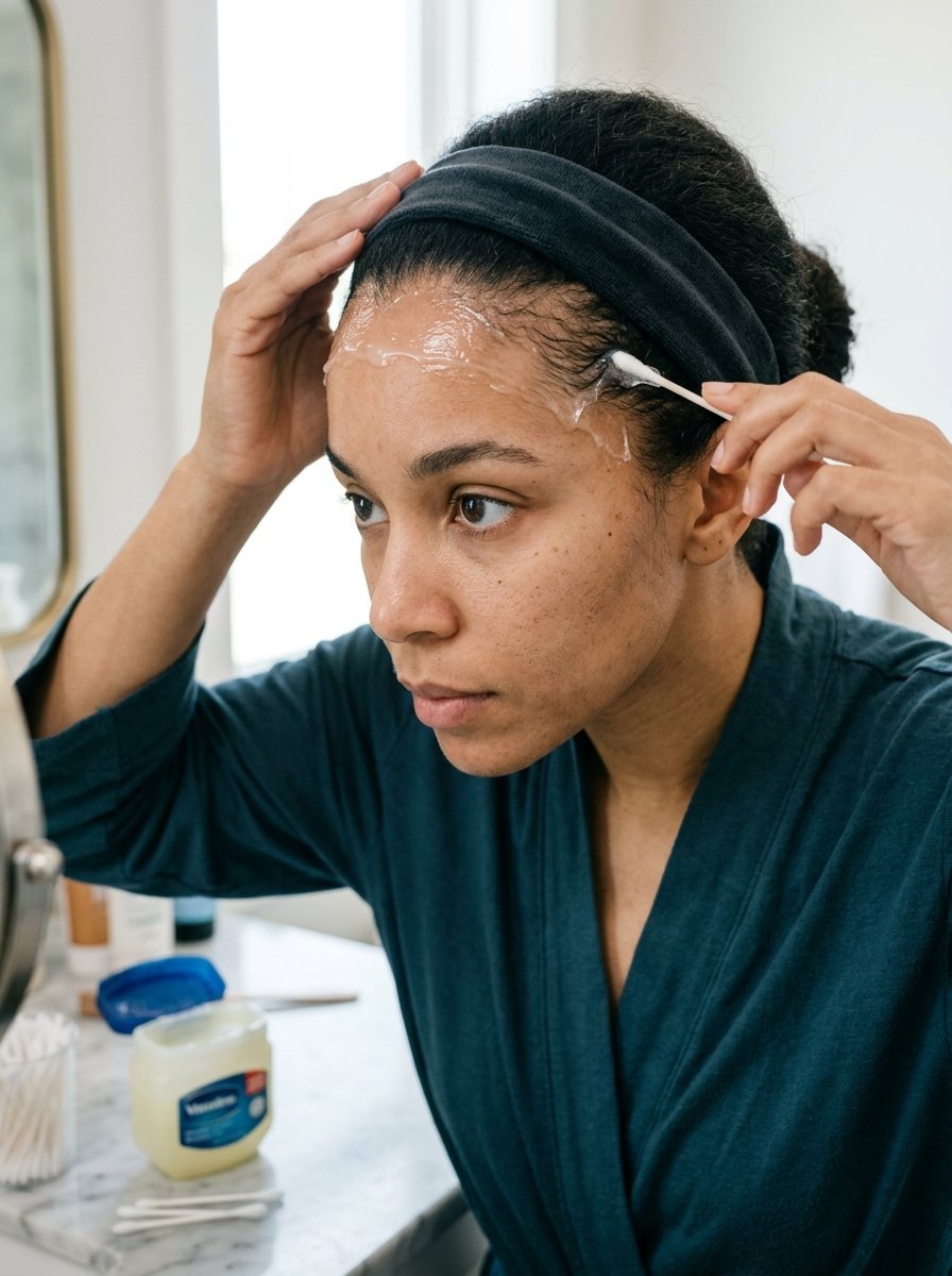 Person in a dark robe using a cotton swab to smooth gel onto her hairline in front of a mirror.