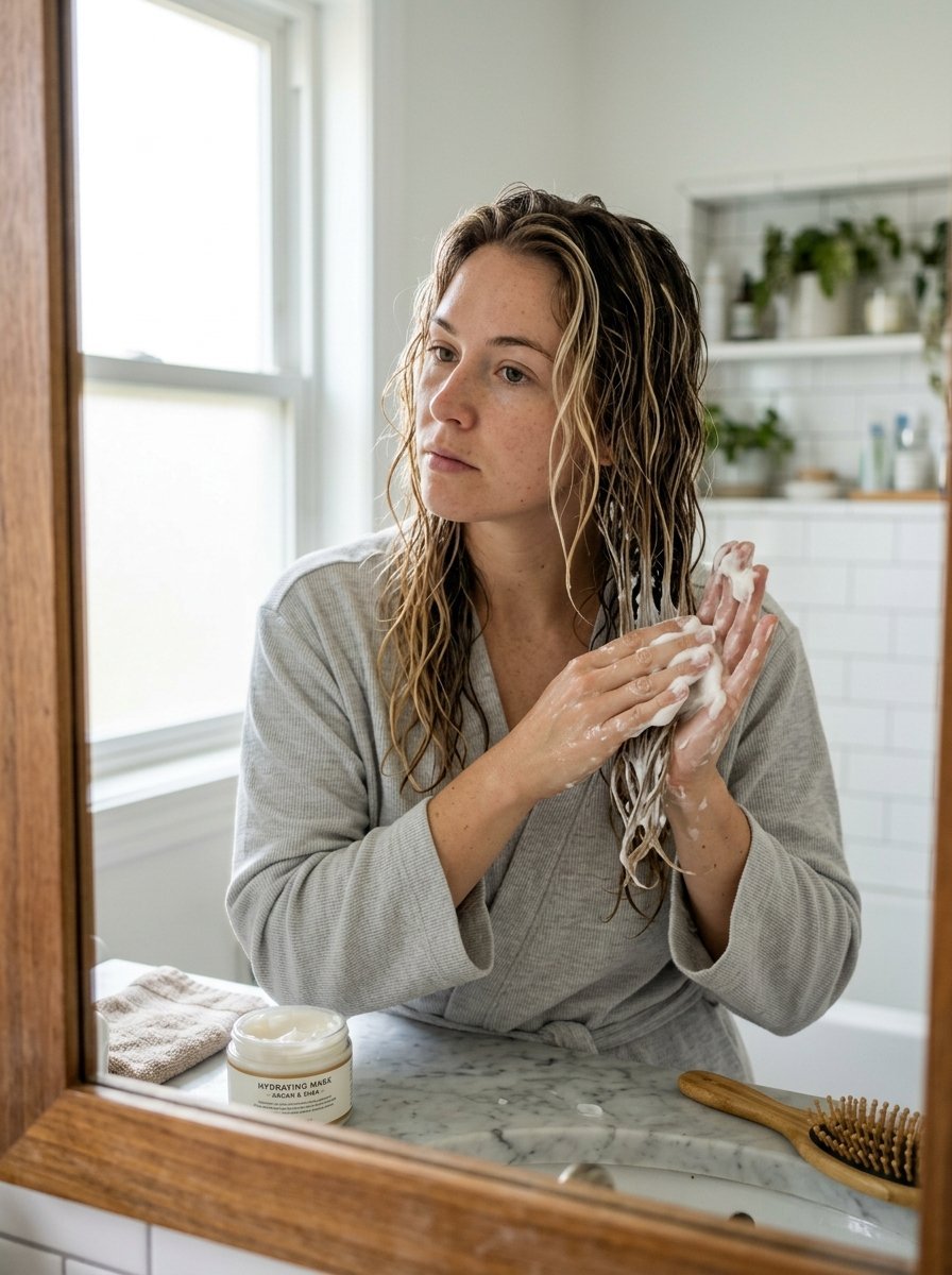 A woman in a grey robe using a cream treatment on her wet hair in a bright bathroom.