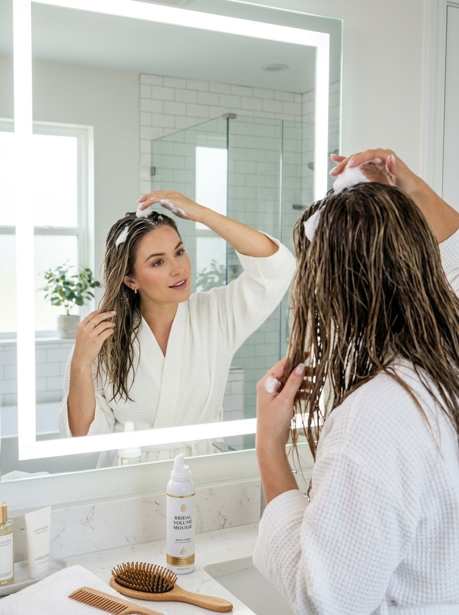 Woman looking into a backlit bathroom mirror while massaging white hair mousse into her damp hair.