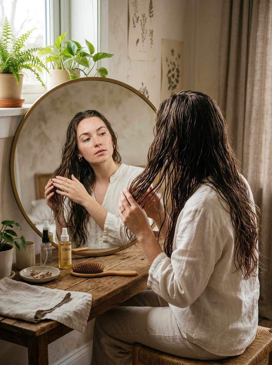 A woman sits at a wooden vanity with a circular mirror, applying oil to her long damp hair.