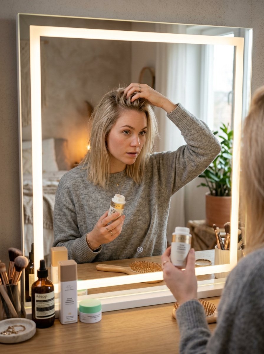 Young woman in a grey sweater holding a hair styling bottle while checking her hair reflection in a bright vanity mirror.