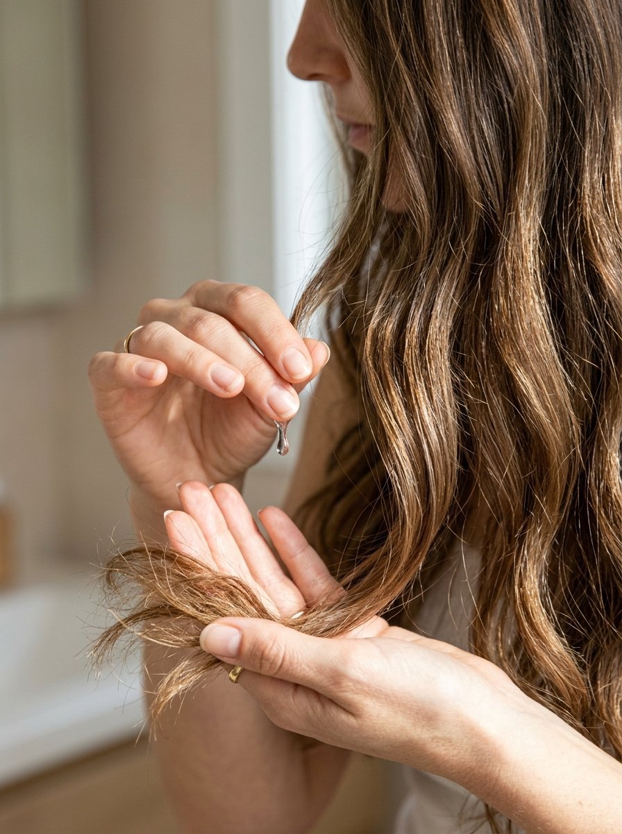 Close up of a person placing a drop of clear hair product onto their fingertips to condition dry ends.