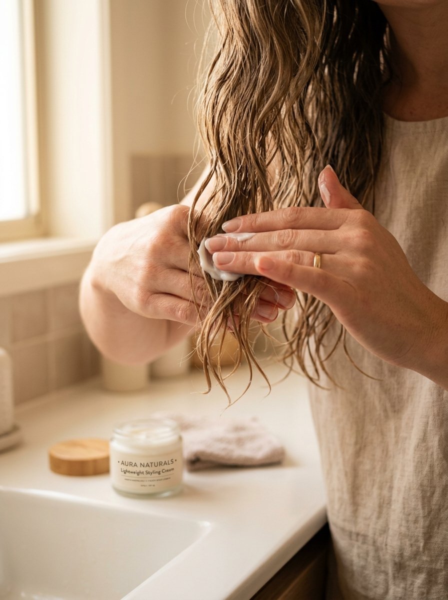 Close-up of a person's hands working white hair product into long, wet, wavy locks by a bathroom sink.