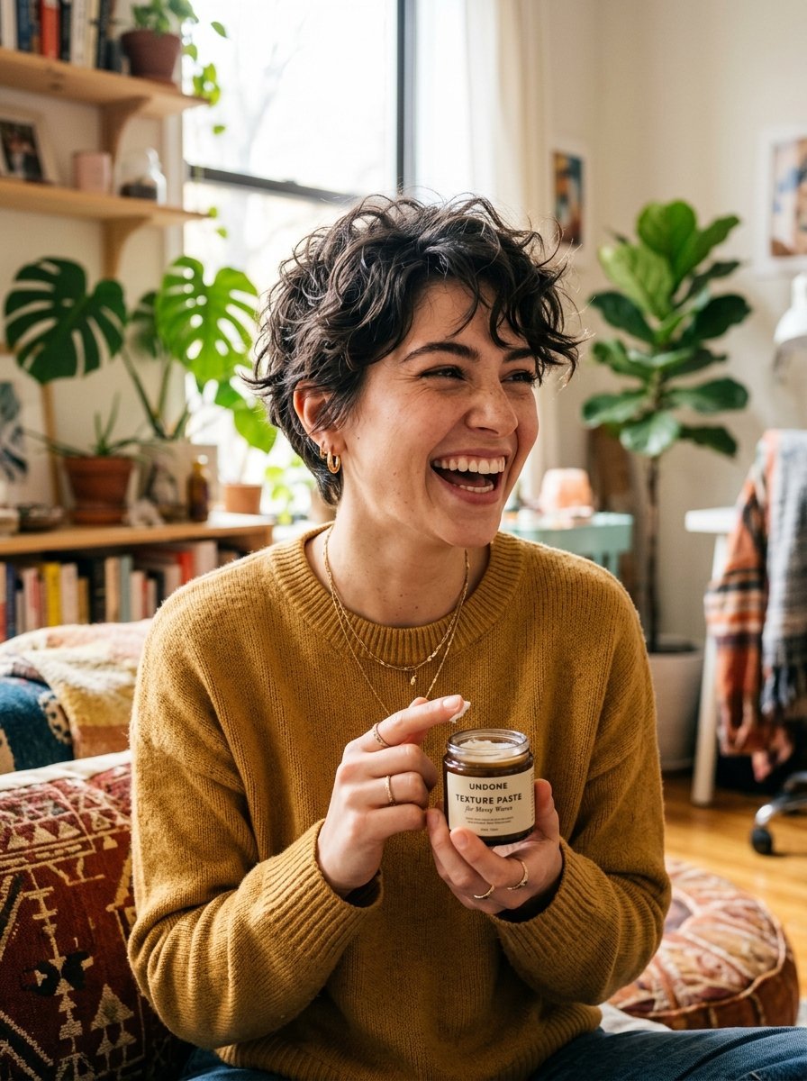 Smiling person in mustard sweater testing hair texture paste in a sunlit living room.