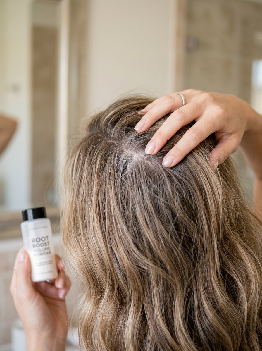 Close-up view of a woman using hair texturizing powder at her roots while looking in a bathroom mirror.