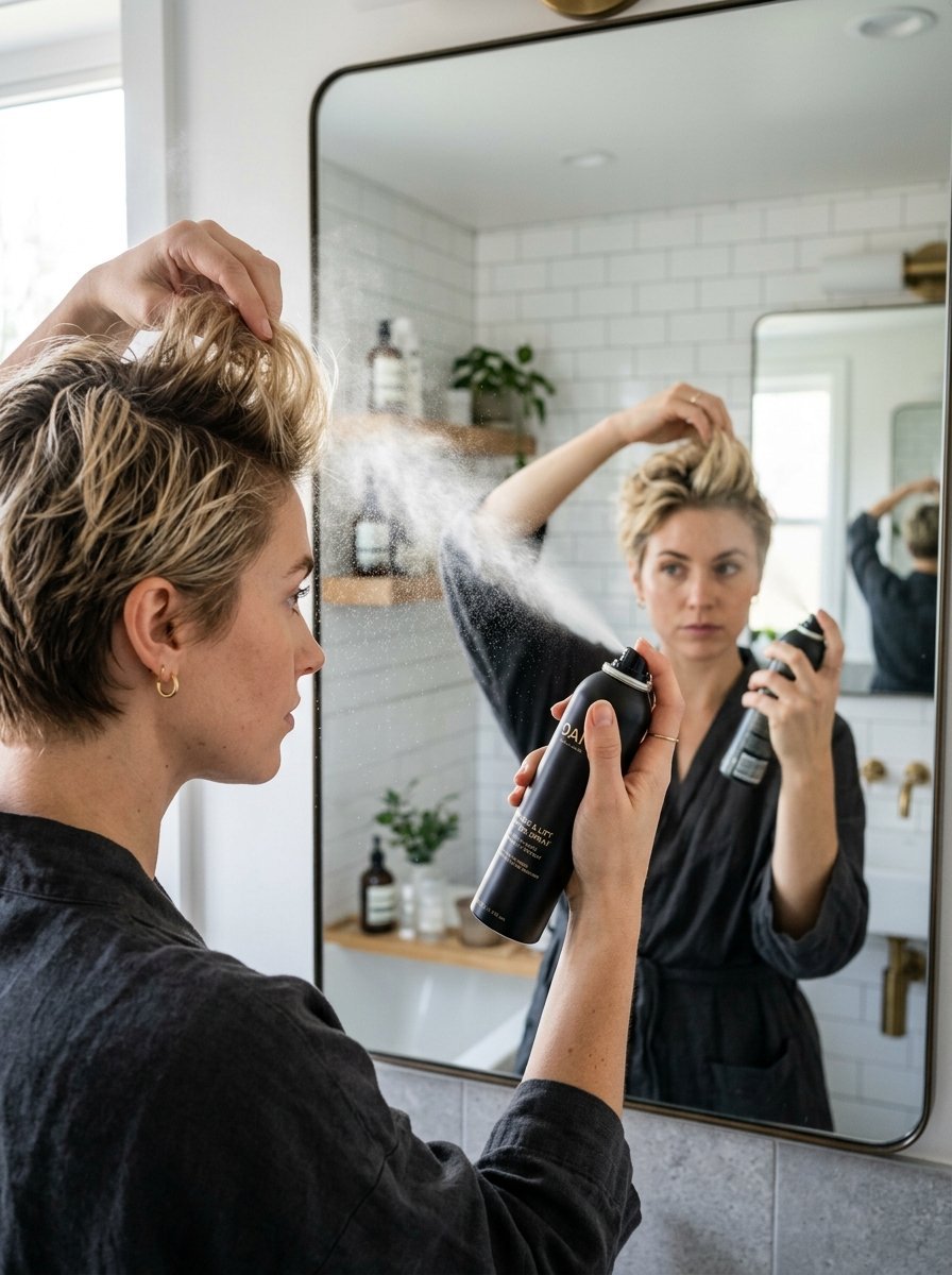 Blonde woman in robe sprays hair styling product into her roots while looking in a bathroom mirror.