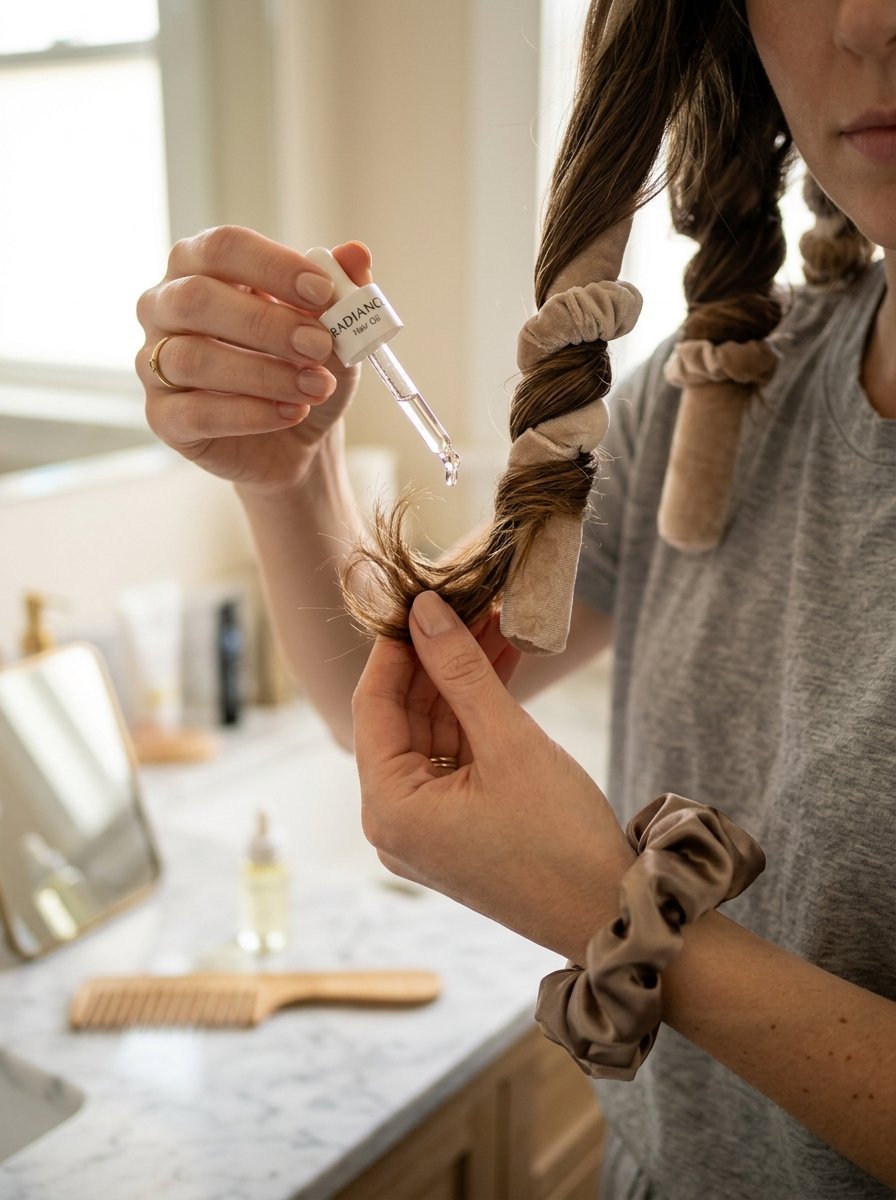 Close up of a woman dropping hair oil onto a section of hair wrapped around a velvet heatless curling rod.