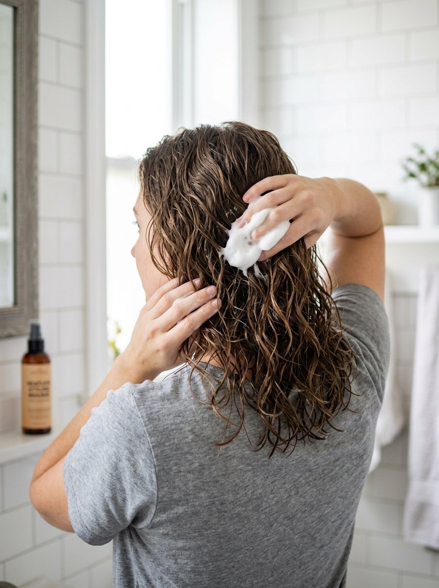 Person in a grey shirt scrunching white styling foam into their wet wavy hair in a bathroom.