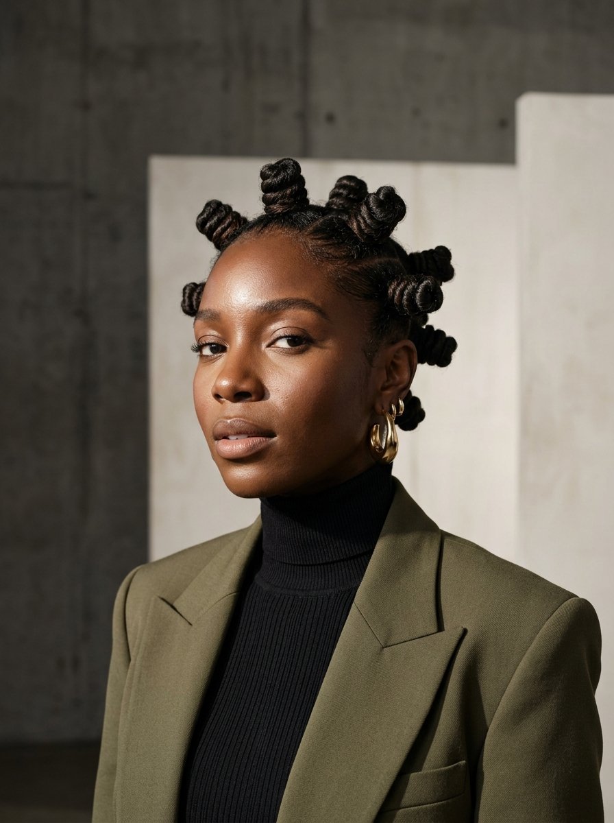 Portrait of a Black woman with sculptural hair knots, wearing a dark turtleneck and an olive blazer.