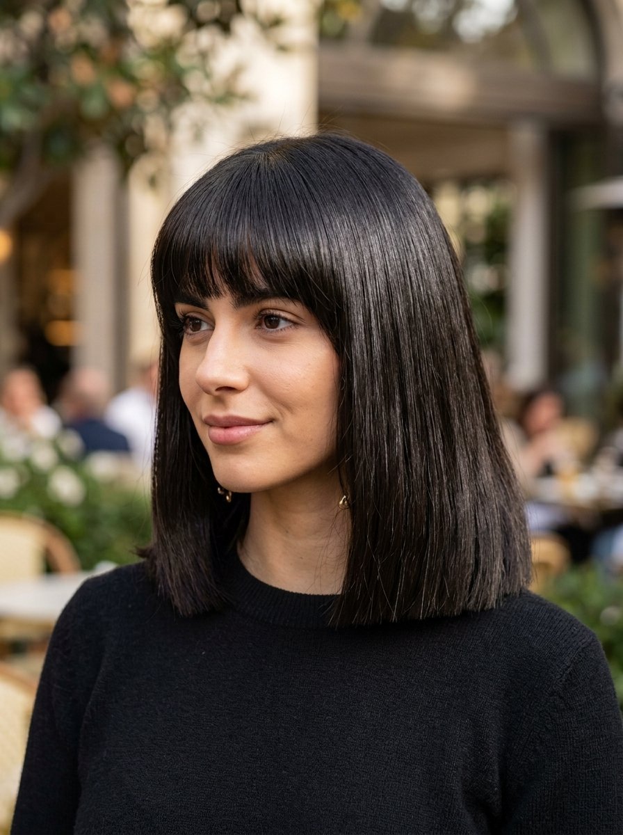 Portrait of a young brunette with straight hair and blunt bangs wearing a black sweater at an outdoor cafe.
