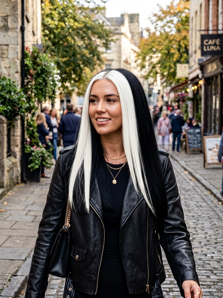 A smiling woman with black and white two-tone hair wears a leather jacket on a European city street.
