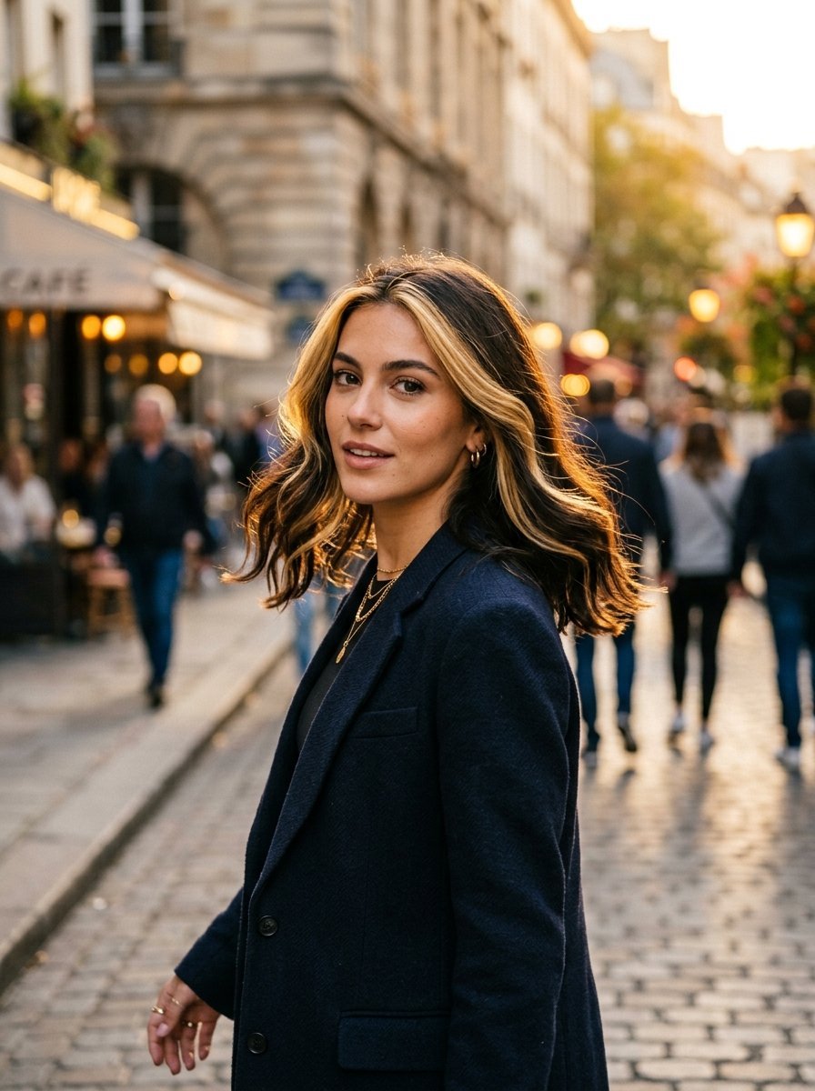 Portrait of a stylish woman in a dark blazer with blonde face-framing highlights outdoors in Paris.