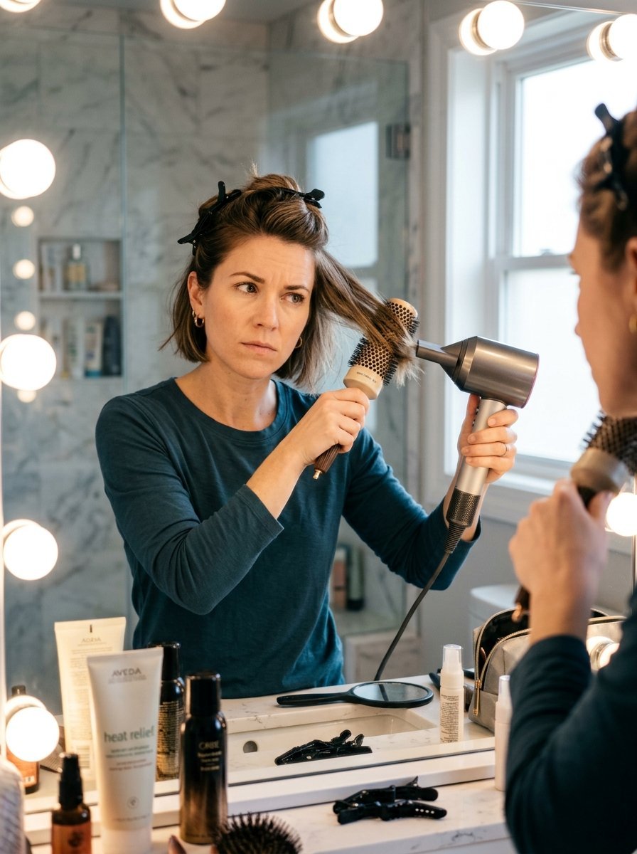 Woman in front of a vanity mirror using a round brush and hairdryer to style her hair.
