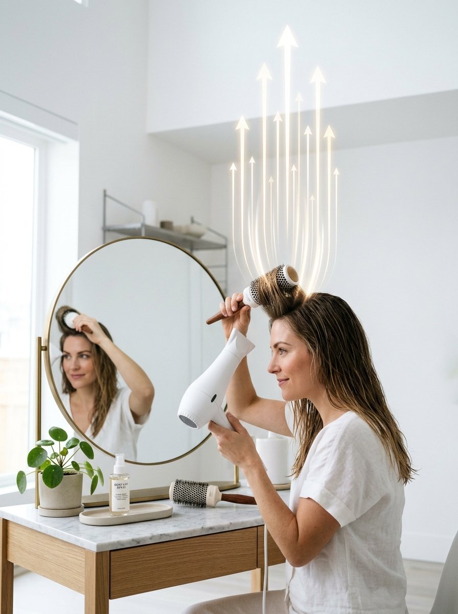 Woman sitting at a marble vanity blow drying her hair with glowing airflow arrows rising upwards.
