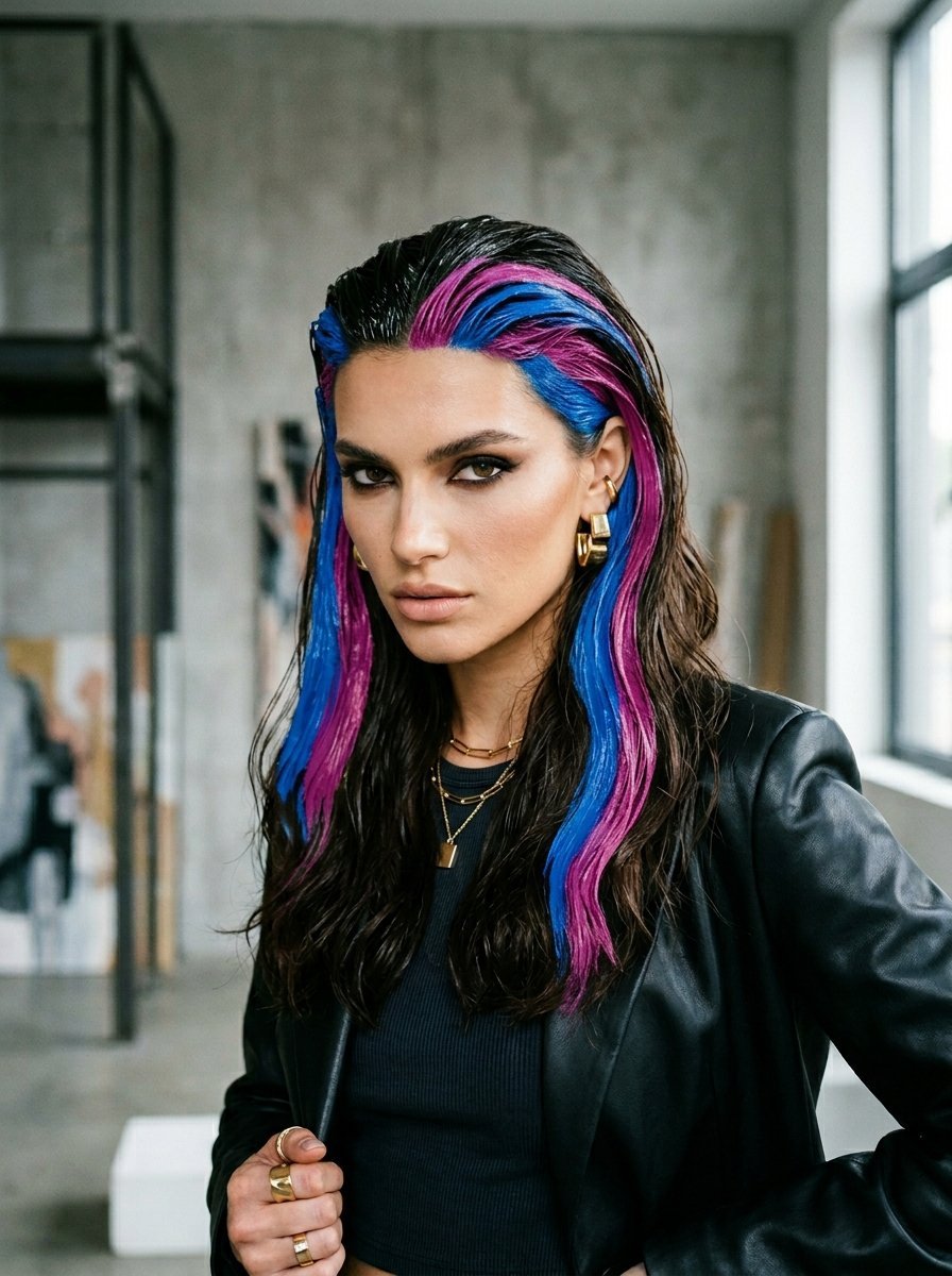 Portrait of a woman wearing a black blazer and gold jewelry with vibrant blue and magenta hair streaks.