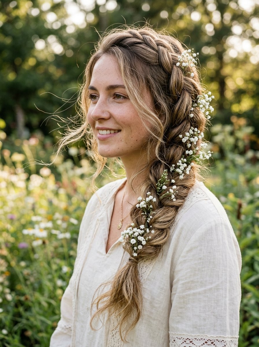 Side profile of a woman with a loose braid adorned with sprigs of baby's breath standing in a sunny garden.