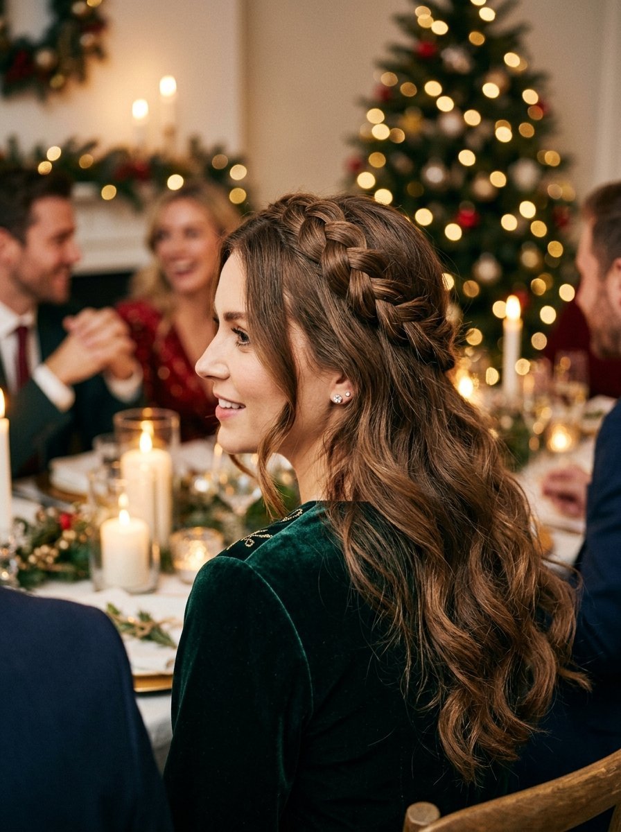Profile view of a woman wearing a green velvet dress and a crown braid at a dinner table with a Christmas tree.