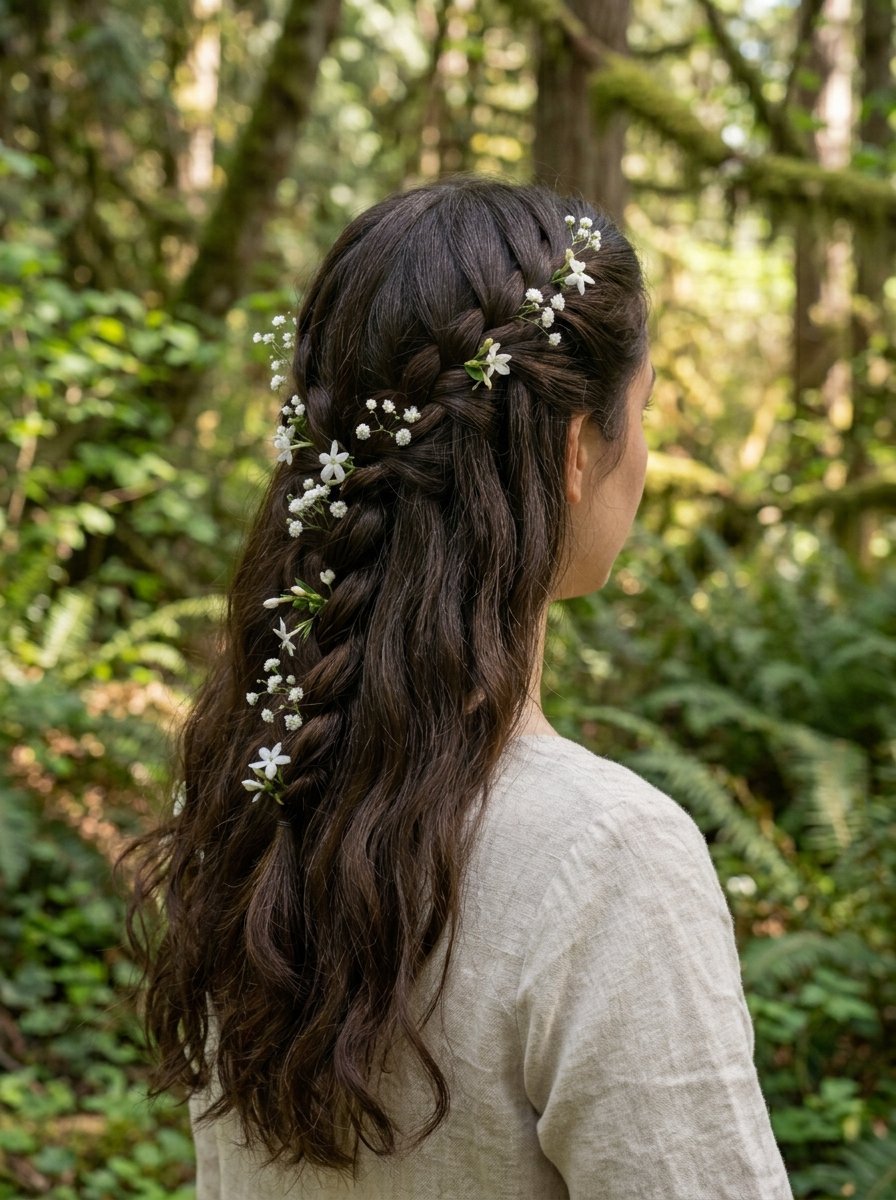 Back view of a woman with dark wavy hair styled in a braid decorated with small white blossoms in a woodland setting.