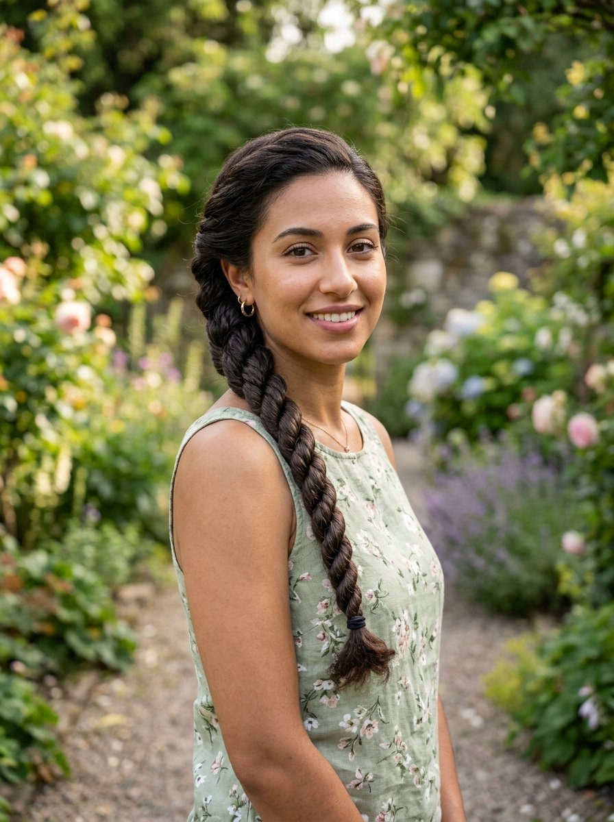 Portrait of a smiling woman with a long rope braid wearing a floral summer dress in a lush garden setting.