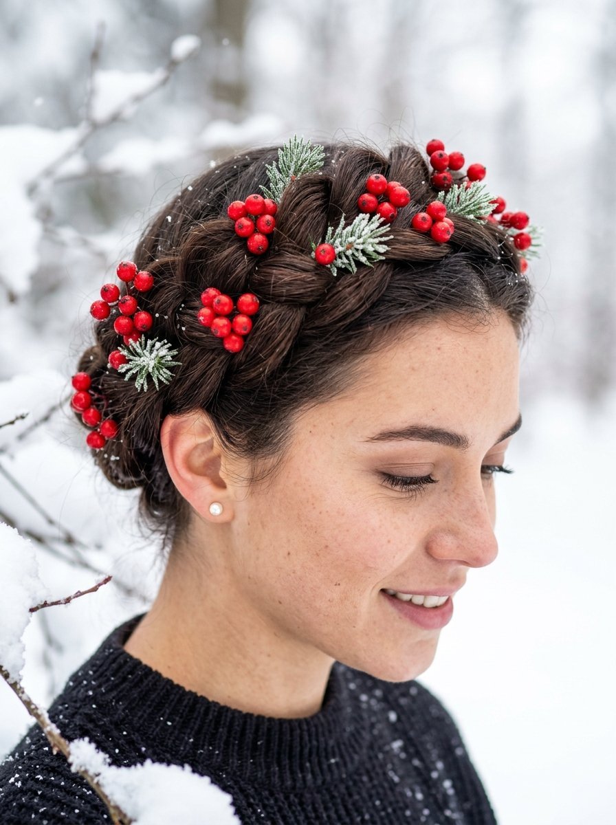 Close up of a woman with braided brown hair decorated with red holly berries and pine sprigs in a snowy setting.