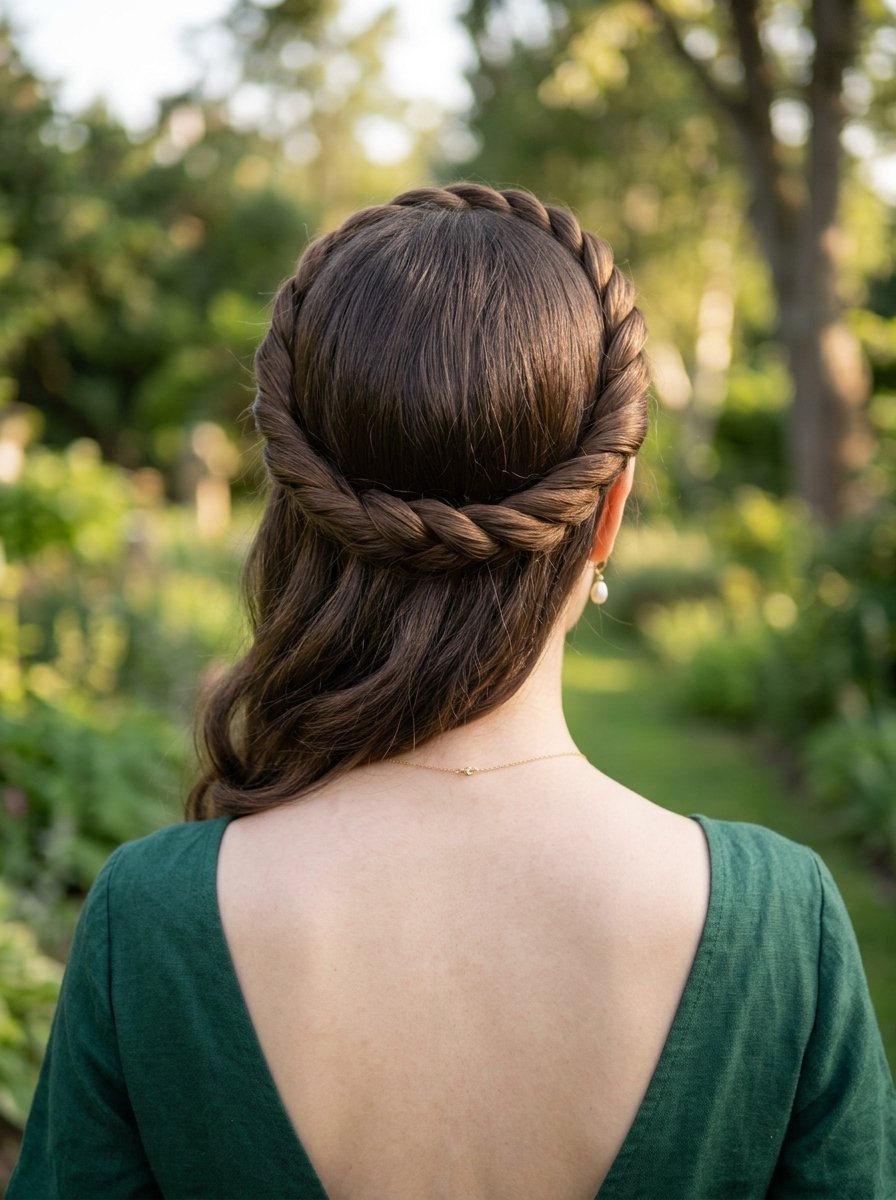 Back view of a woman wearing a green dress and a braided half-up hairstyle in a garden.