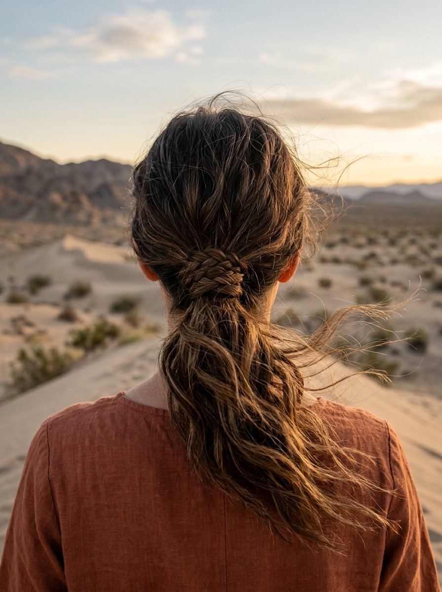 Rear view of a person with a woven ponytail hairstyle standing in a sandy desert at sunset.