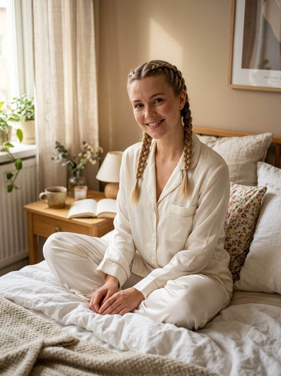A blonde woman with double braids sitting cross-legged on a bed in ivory silk pajamas.