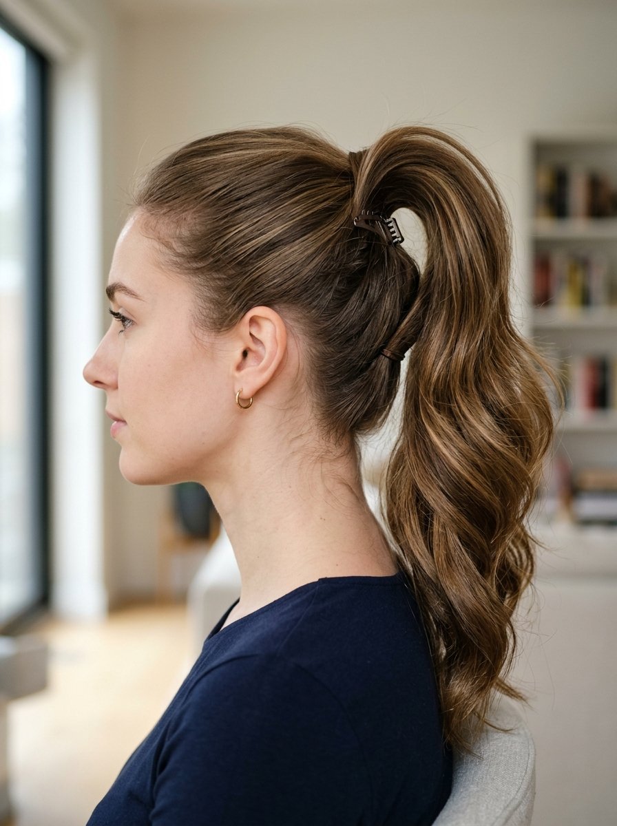 Side view of a person with wavy brown hair styled in a high ponytail using a small dark claw clip.